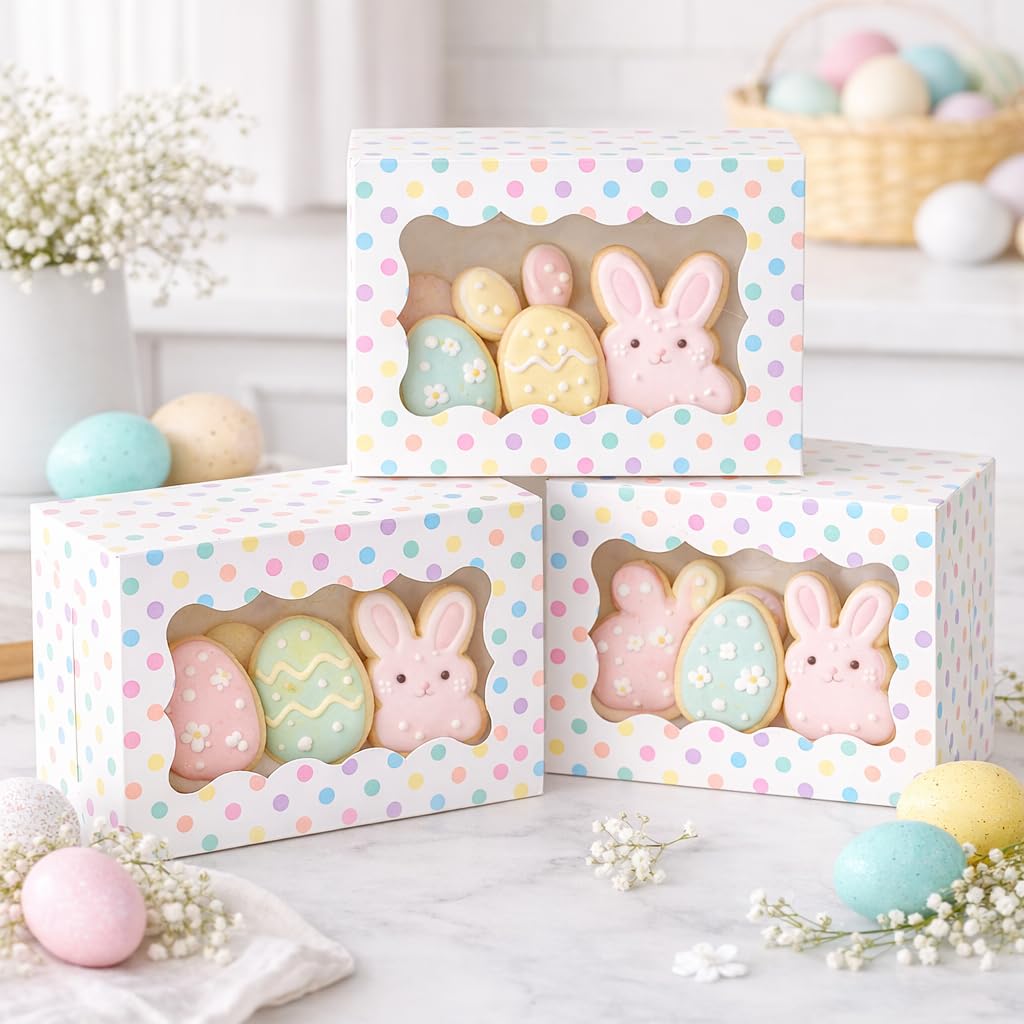 Cajas de galletas de lunares, paquete de 12 unidades, cajas de galletas de lunares pastel con ventana, bonitas cajas de regalo de panadería coloridas para cumpleaños, cupcakes, pasteles, fresas
