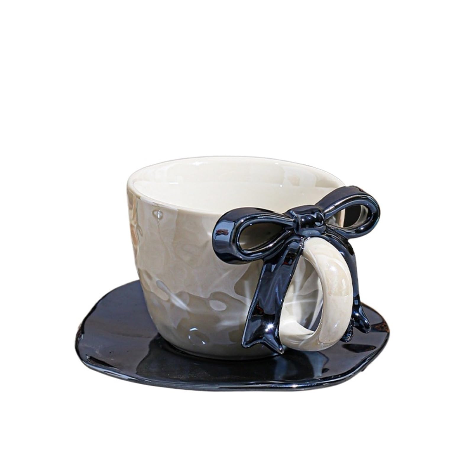 Tassen, Becher und Untertassen, Keramik-Kaffeeset, 380-ml-Bogengriffdesign mit Untertasse, Latte-Art-Tasse, elegantes Tee- und Kaffeeset für Damen(Black)