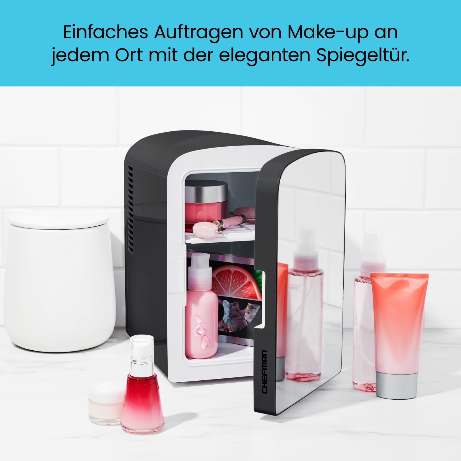 Iceman Verspiegelter 4 Liter Mini-Kühlschrank, Hautpflege, Make-up-Aufbewahrung, Seren und Gesichtsmasken, klein für den Schreibtisch oder auf Reisen, kühlen & heizen, kosmetische Anwendung, Schwarz