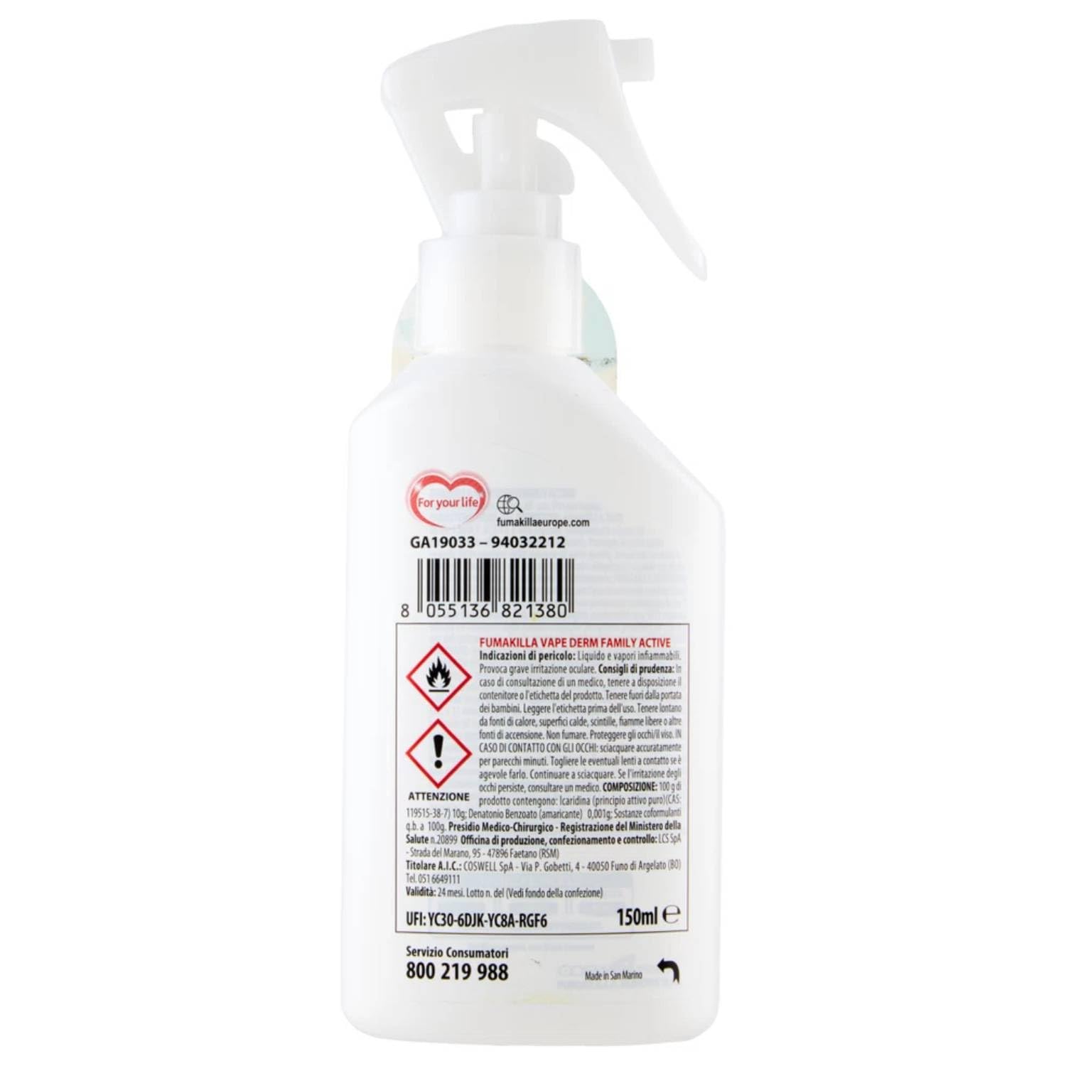 Vape Derm Family Active Lozione Antipuntura Contro Zanzare e Zecche a Base di Icaridina Spray 150 ml Uso Per Adulti e Bambini Efficace e Delicato (6 Unità)