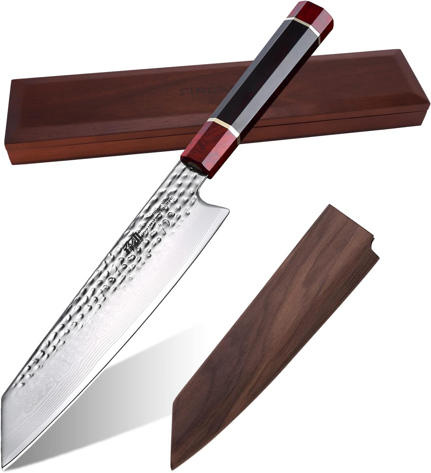 FINDKING Prestige Series Kiritsuke Knife with Walnut Cover, Japanese VG10 Damascus Steel Blade, Ebony Wood Octagonal Handle, Professional Sashimi Sushi Fish Knife (9 Inches, with Wooden Gift Box)