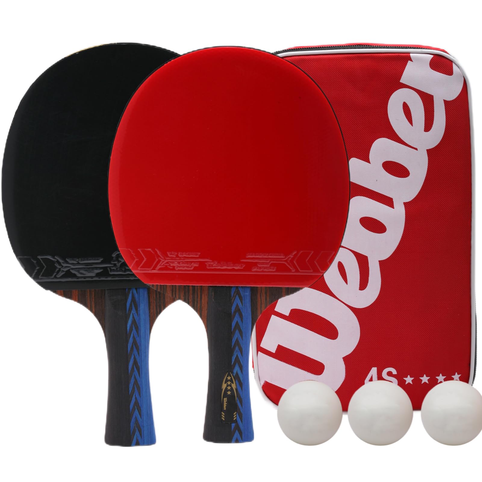 TDOO High-End 4-Star Ping Pong Paddle Pro Soft Sponge Rubber Table Tennis Racket with 3 Balls and Portable Storage Case (2mm)- Set of 2 (RED-F)