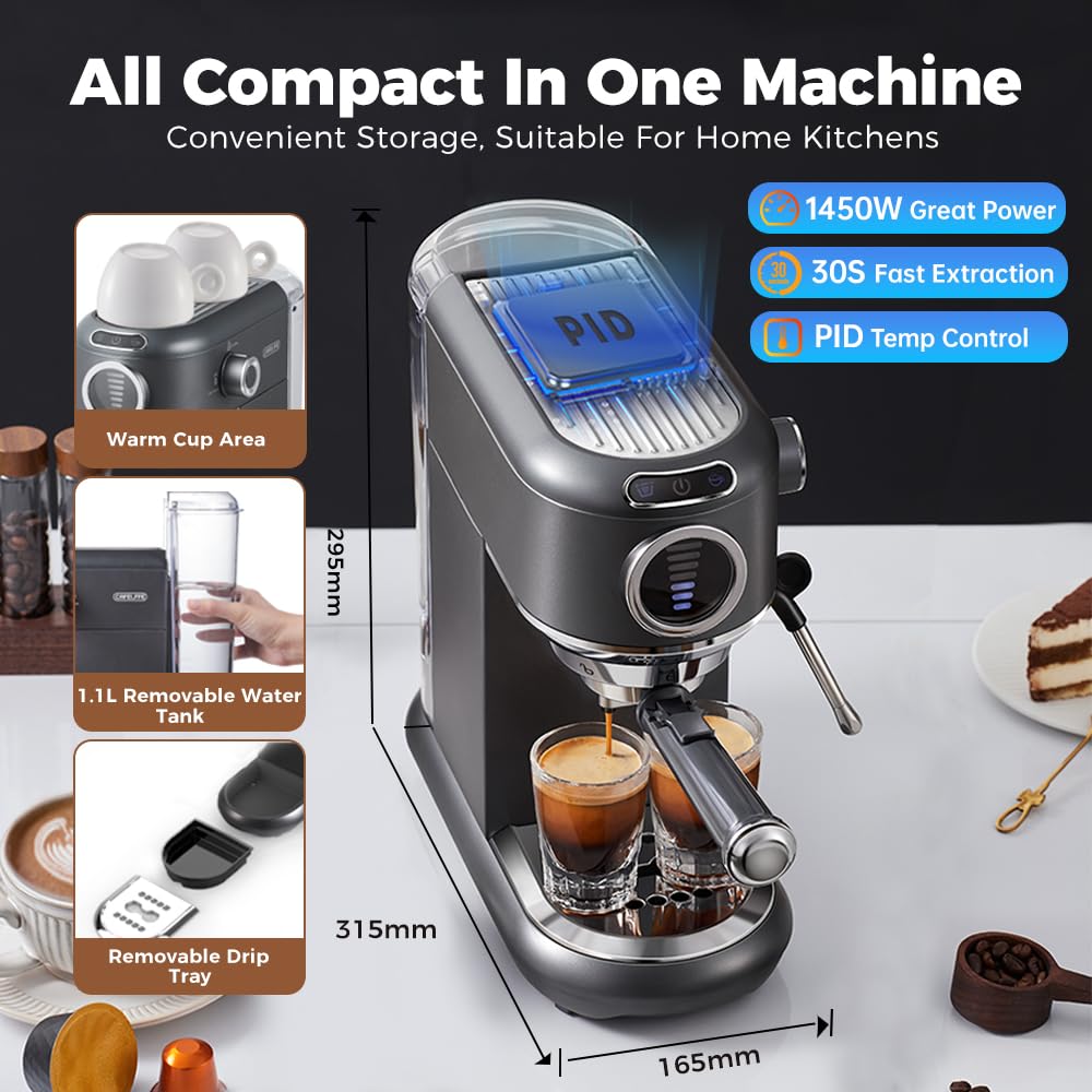 Máquina de café espresso 4 en 1 con espumador de leche, máquina de café de 19 bares con volumen de café visual de 7 niveles ajustable para cápsulas y polvo Nes* y DG*, 1450 W, gris