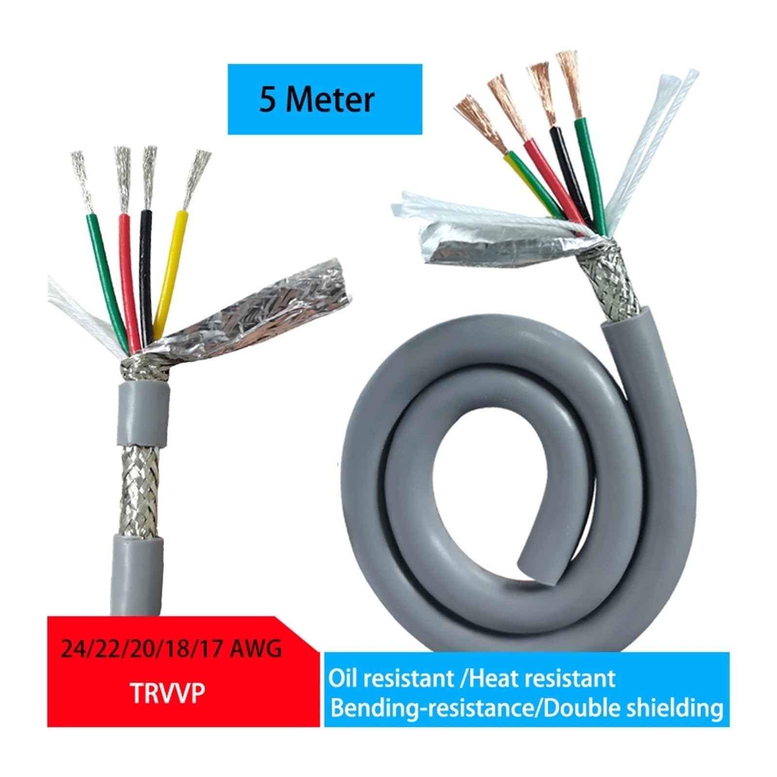 Przewód izolowany kablem CNC z podwójnym ekranowaniem TRVVP | Szary rdzeń 2-8 odporny na olej termiczny 17 -24AWG do automatyki przemysłowej (17 AWG1mm2,4-rdzeniowy 5 metrów)