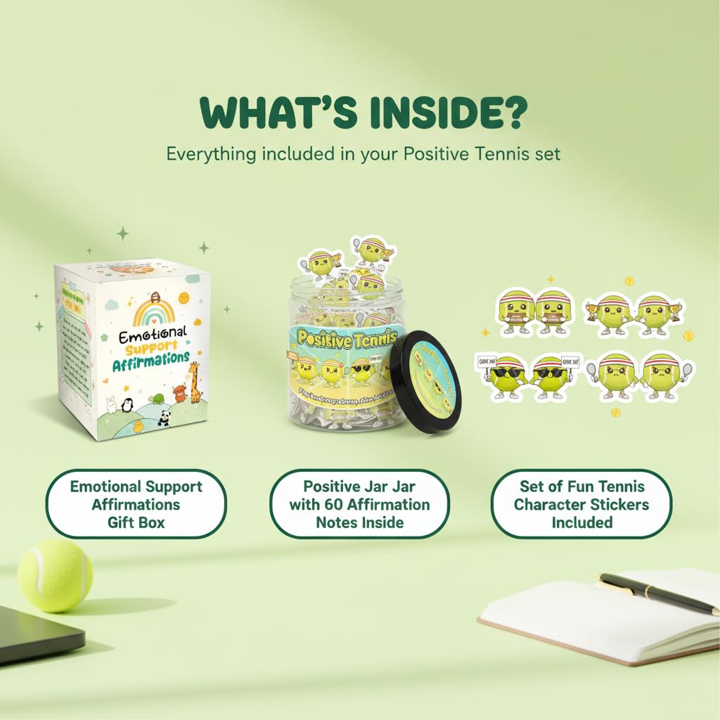 Positive Tennis Jar with 60 Affirmation Cards, Inspirational Tennis Gifts for Women and Men, Fun Motivation Jar for Tennis Lovers, Coach Appreciation Present, Cool Decor for Girls and Sports Fans