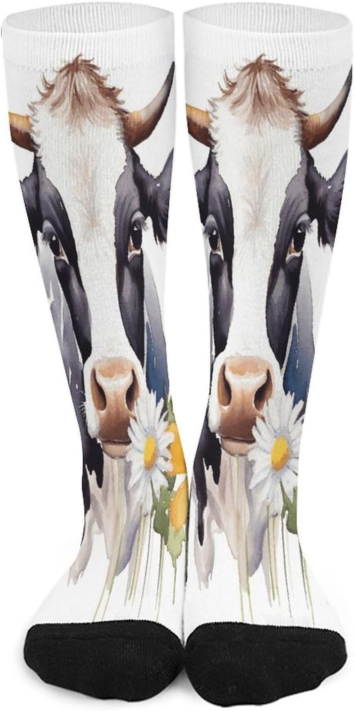 Watercolor Cow And Daisy Flower Mid-Calf Socks Women Warm Knee High Socks Cozy Hiking Skiing Soft Boot Mid Calf Stocking Unisex