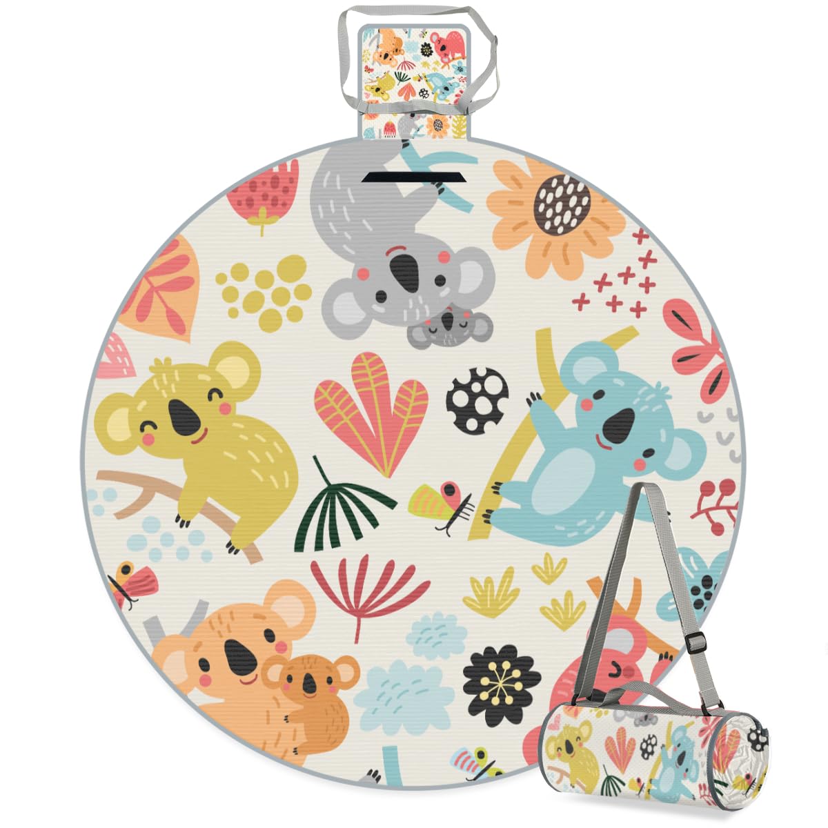 Shimoshe Cute Cartoon Koala Picnic Outdoor Blanket Foldable Waterproof Sandproof Beach Blanket Portable Water-Resistant Animal Koala Round Picnic Mat for Travel Camping Park Lawn