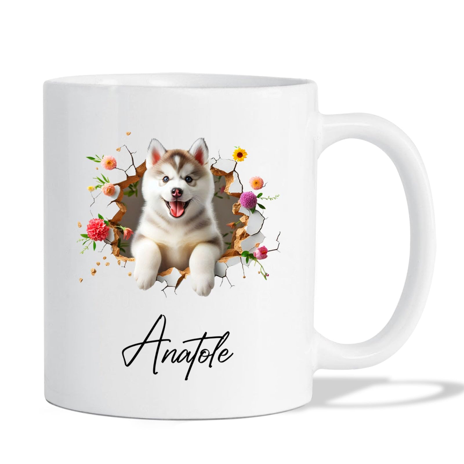Siberian Husky Puppy Break Wall Tea Cup, Personalized Siberian Husky Puppy Ceramic Cup Gift For Pet Owner, Customized 3D Dog Break Through Wall Coffee Mug With Name, Dog Cup, White Cup 11oz 15oz