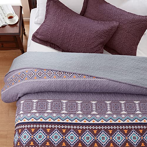 LEAONME Quilt Set Full/Queen Size 3 Piece Bedspread Coverlet Lightweight Comforter Microfiber Reversible Bedding Set All Season Oversized 90x98 Inch Bed Cover Bohemian Purple(1 Quilt,2 Pillow Shams)