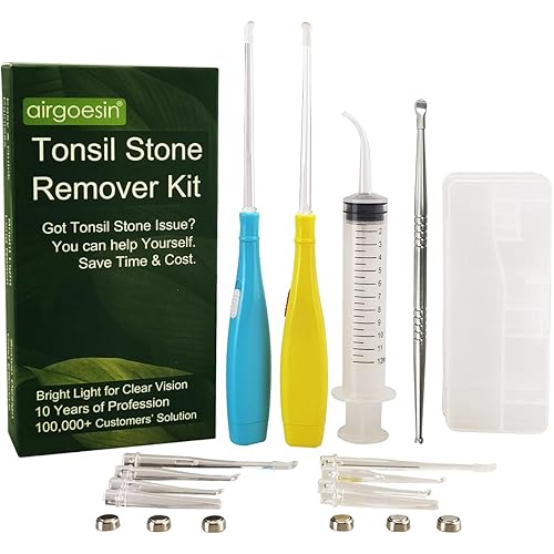 Airgoesin™ 6.75 inch Tonsil Stone Remover LED Tool Kit - 2 Sets, Oral Irrigation Syringe & Stainless Steel Pick, Tonsil Stone Removal Kit for Breath Freshening