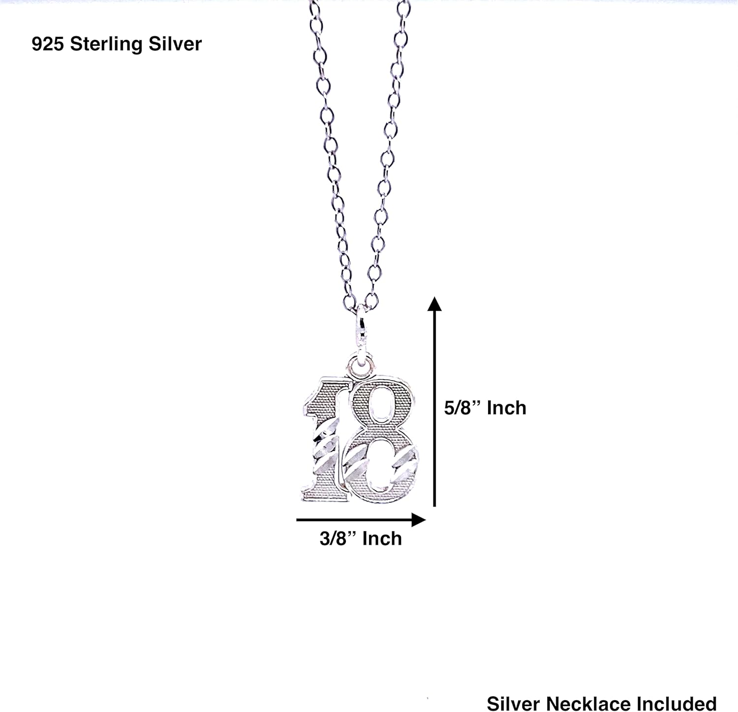 Charm America - Silver 18 Number Pendant Necklace - 925 Sterling Silver- Silver Adjustable Necklace 16"-18" - Image 3