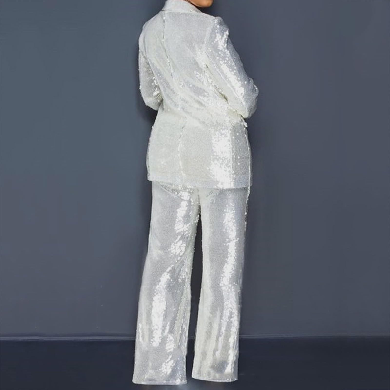 Traje de pantalón para mujer festivo de boda blanco, chándal elegante con lentejuelas de negocios, chaqueta blazer y pantalones anchos, cuello en V, chaqueta con solapa, traje moderno, traje de