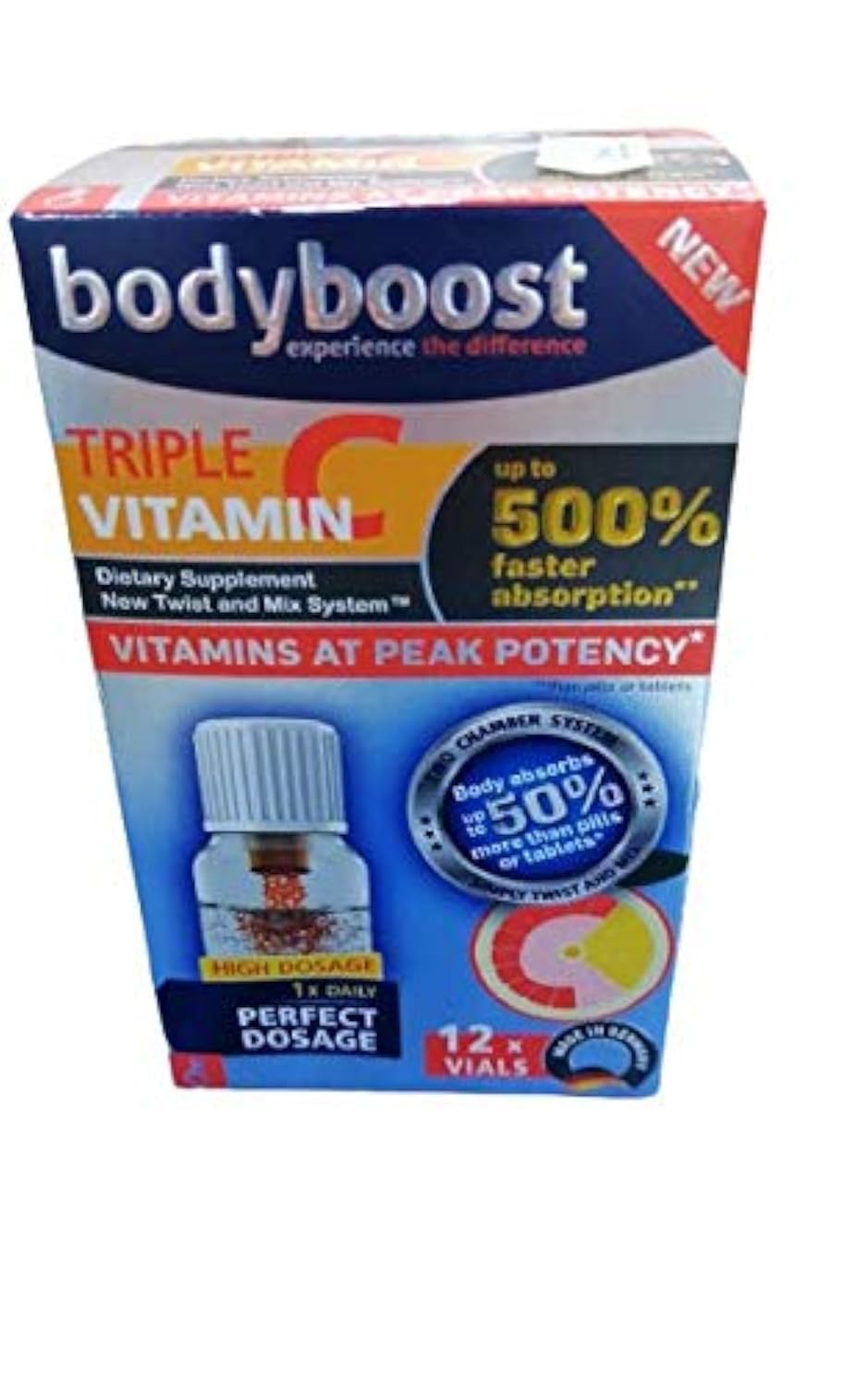 BODYBOOST EXPERIENCE THE DIFFERENCETriple Vitamin C 500% Vitamins at peak potency 12 vials