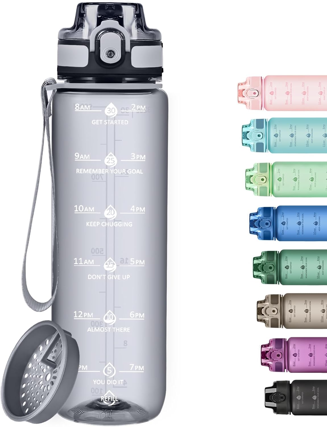 Botella de agua de 32 onzas con marcador de tiempo, botella motivacional con correa, sin BPA, a prueba de fugas, botella de agua alentadora para