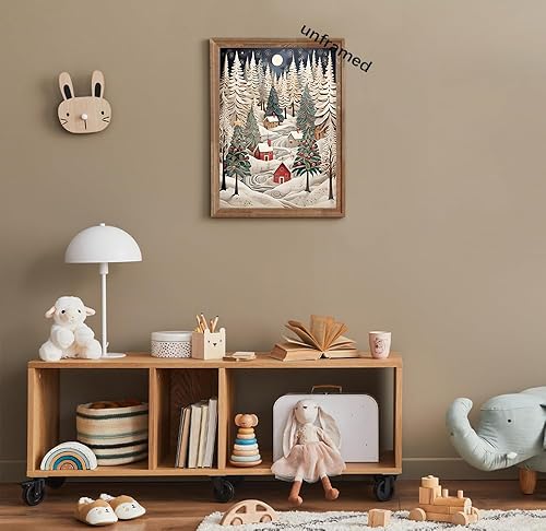Miniatura 5 de uoyien Lienzo de Navidad vintage, arte de pared retro folclórico, regalos para niños, impresiones de pintura de pino de invierno, pósteres rústicos,