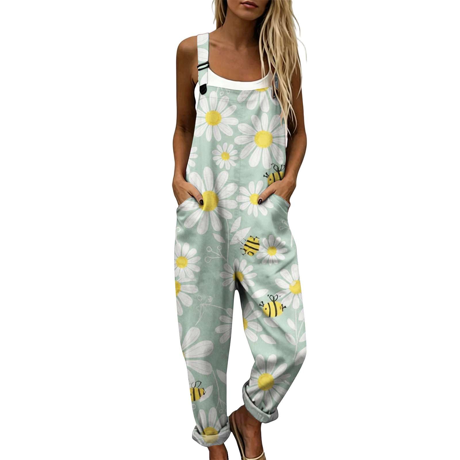 Genérico Monos Mujer Verano Casual, Peto Holgado Estampado Boho Chic con Bolsillos, Mono Largo Elegante de Pierna Ancha, Salopette Transpirable Tallas Grandes para Playa y Vacaciones