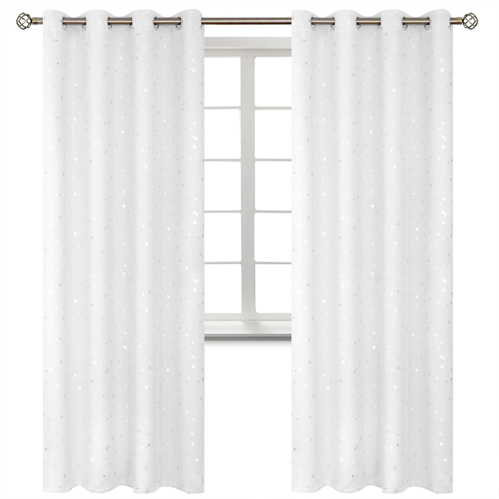 Photo 1 of BGment Kids Blackout Curtains for Bedroom - Grommet Thermal Insulated Silver Star Print Room Darkening Curtains for Living Room, Set of 2 Panels (52 x 84 Inch, White)