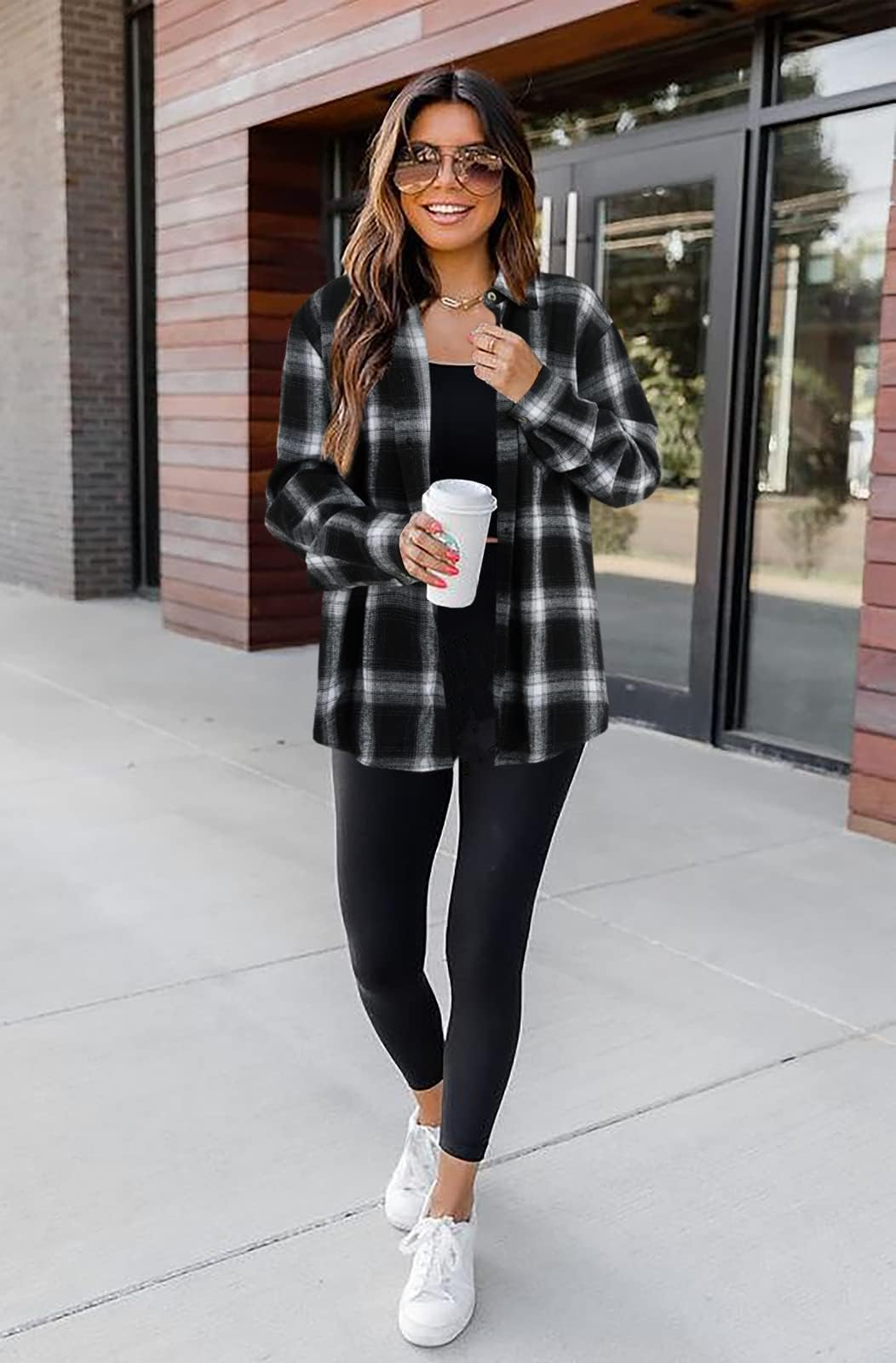Imily Bela Camicia da donna a quadri, casual, a maniche lunghe, in flanella, a quadretti, a maniche lunghe.