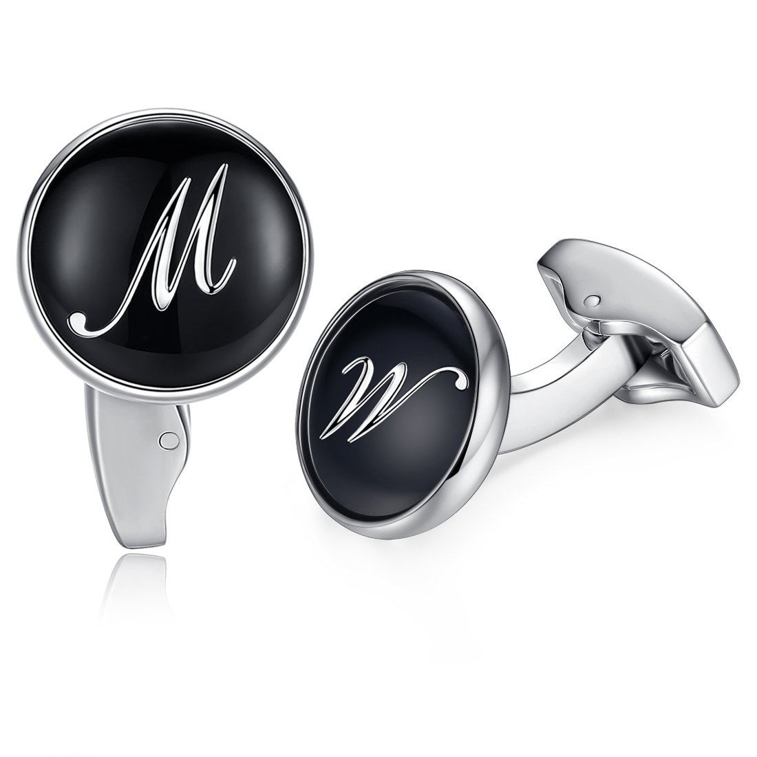 HONEY BEAR Initial Alphabet Letter Cufflinks for Men, Black Round Shape Stainless Steel Wedding Business Cufflinks A to Z