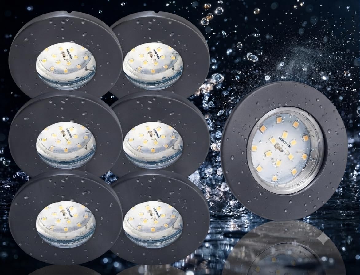 Trango 6729IP65-061MO Set di 6 IP65 faretti da incasso a LED in antracite opaco, con 6 x 5 Watt 3000 K, luce bianca calda, modulo LED ultra piatto per bagno, faretti da incasso per doccia