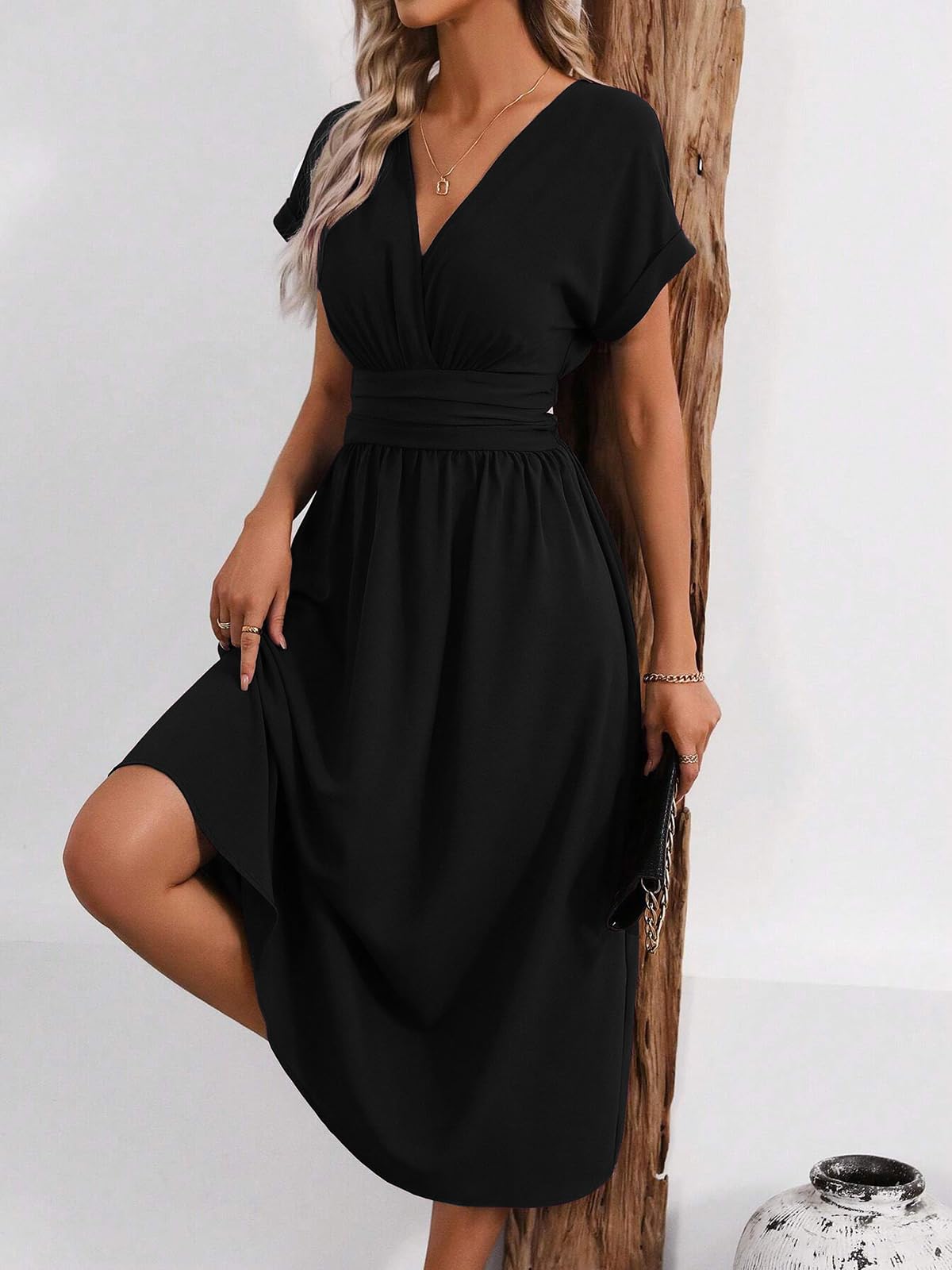 LIAMERHE Robe Hiver/Été Femme Élégante Col en V Manches Longues/Courtes Robes Casual Solide Taille Haute Ligne A Robe Longue Robe de Mariage Décontractée