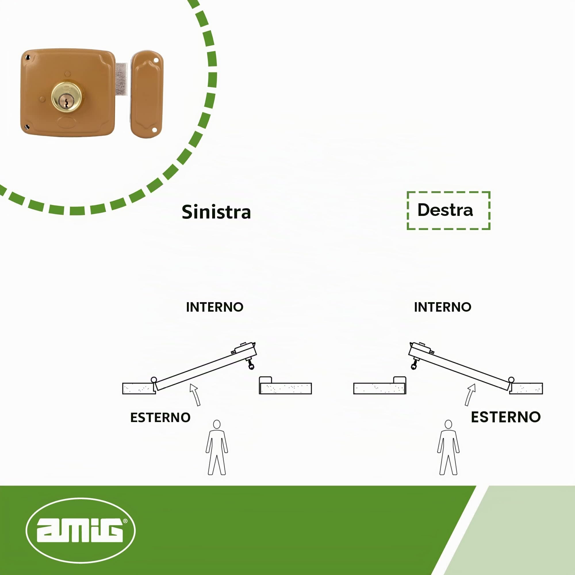 Amig - Serratura da sovrapposizione a destra con leva di chiusura e linguetta per porte in legno Mod. 72PU 100 x 95 mm Chiusura con cilindro rotondo in acciaio dorato