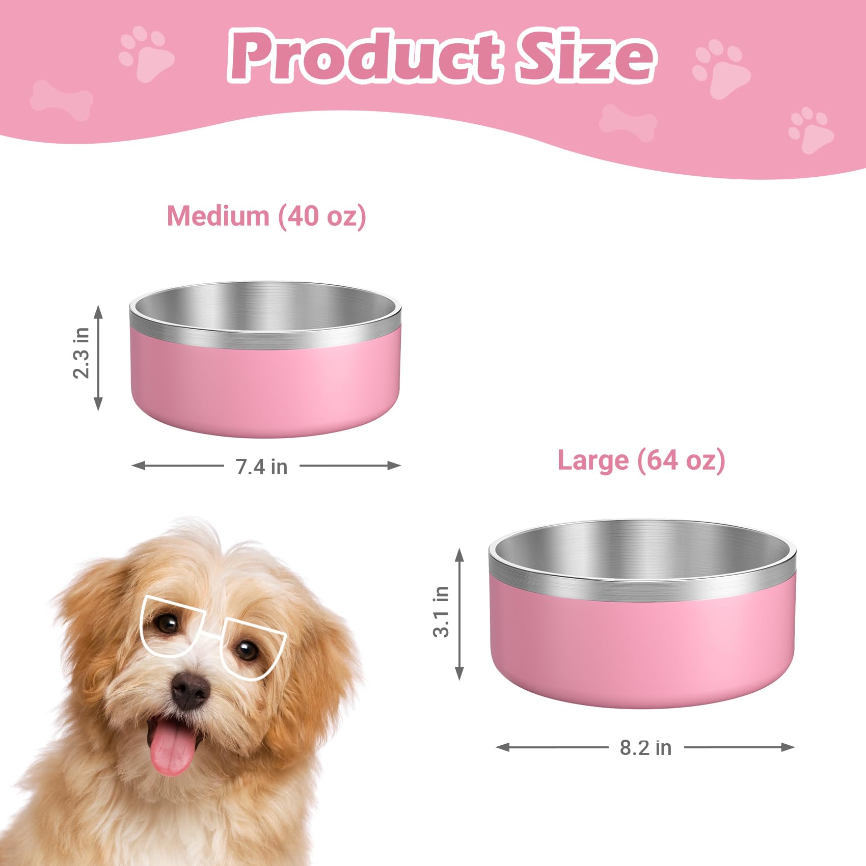 LIANLAI Ciotole per cani di grandi dimensioni, in acciaio inossidabile, resistenti alla ruggine, antiscivolo, lavabili in lavastoviglie (rosa, 1814,4 g)
