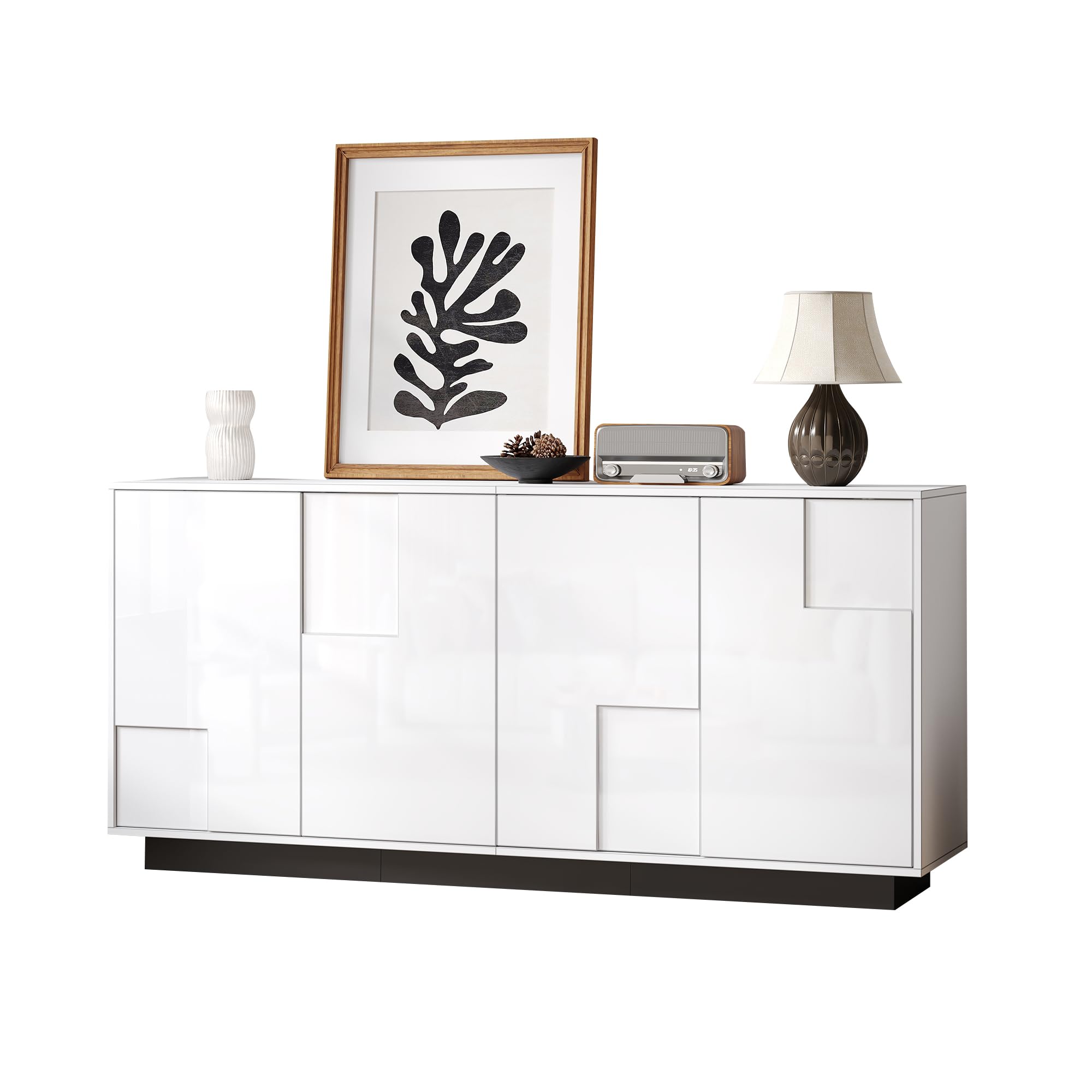 Szafka do salonu, 160 x 37 x 75,5 cm, z 4 drzwiami. Szafka pod wysoki połysk, szafka pod umywalkę o geometrycznym kształcie, duża przestrzeń do przechowywania, schemat kolorów w kolorze białym i