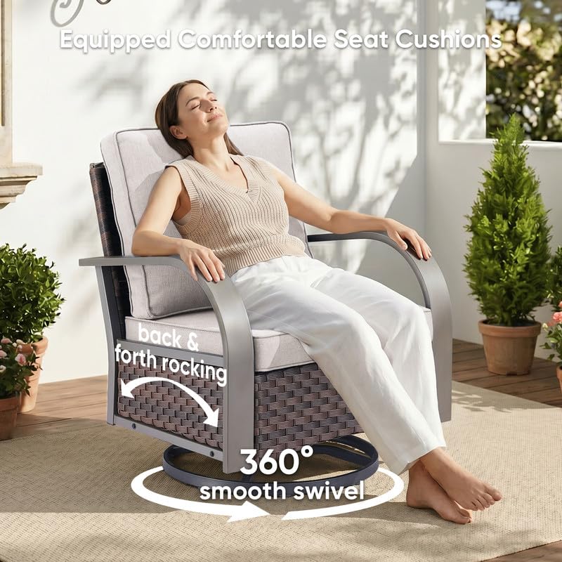 Image of 3 Piece Outdoor Patio Wicker Swivel Rocker Chairs with Table, Beige Cushion | Metal Wide Armrest, Wicker Outdoor Furniture Set, Water-Resistant, Fade-Resistant, Removable Cover, Stain-Resistant