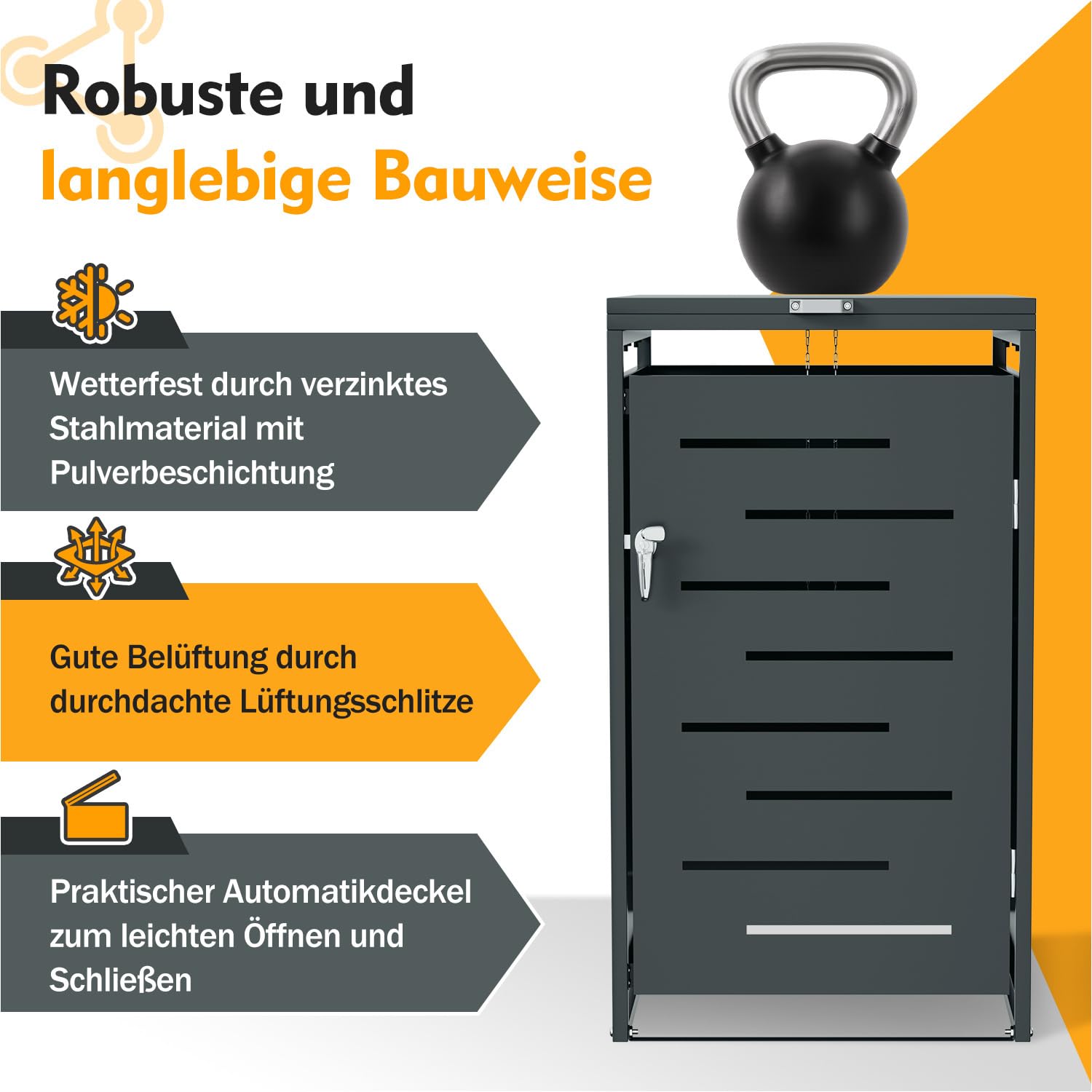 Mülltonnenbox 1er für 120L/240L, Mülltonnenverkleidung aus Pulverbeschichtetem Metall, Abschließbar, Wetterfest, mit Gasdruckdämpfern, Anthrazit