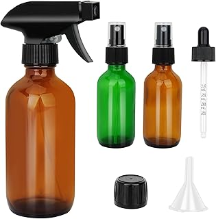 Amber Glass Spray Bottles - 8.4oz Refillable Bottle for Essential Oils, Plants, Cleaning Solutions, Hair Mister, Adjustable Nozzle with Glass Misters 2oz per Unit, Funnel, Dropper