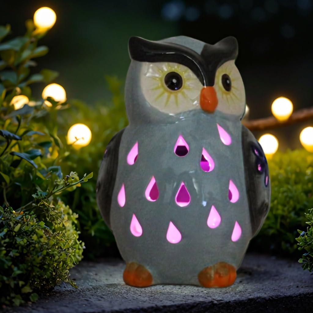 ASTRAEUS Porcelain Owl Solar Landscape Lights Figurine, Color