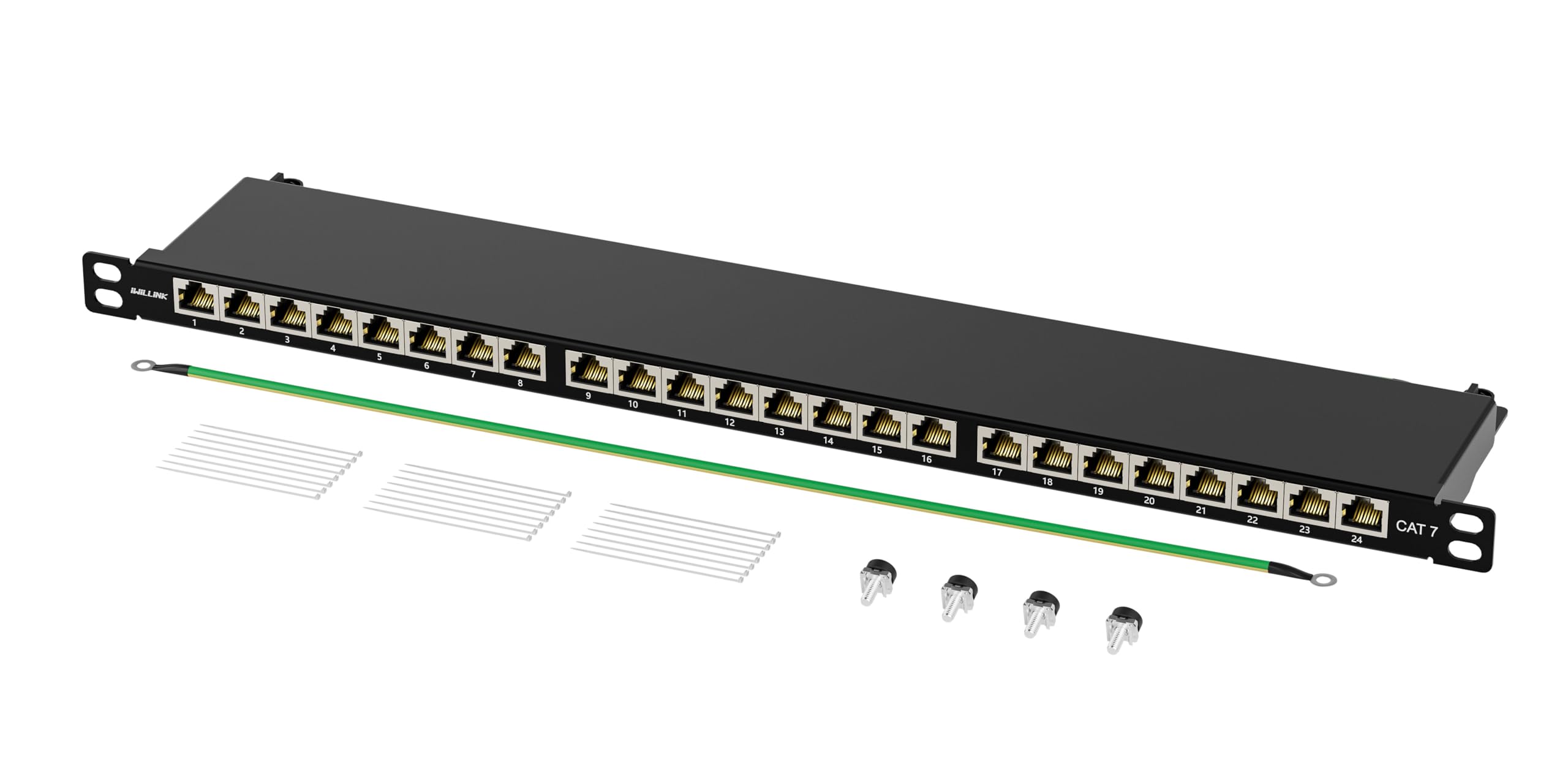 iwillink Panneau de brassage Cat7 24 ports - Montage en rack 19" 0,5 HE - Prises RJ45 - Panneau de distribution LSA - 10 Gbps Gigabit - 600 MHz - Shield STP - Noir