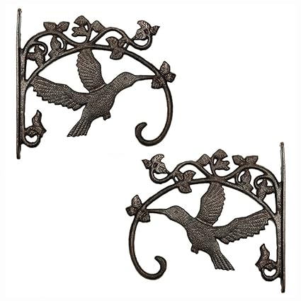 Sungmor Cast Iron Plant Hanger Wall Hooks, Heavy Duty Hanging Basket Brackets, Hummingbird Shape & 10.4 inch & 2PC Brown, Decorative Wall Hangers for Planters Lanterns Bird Feeders Houses Wind Chimes