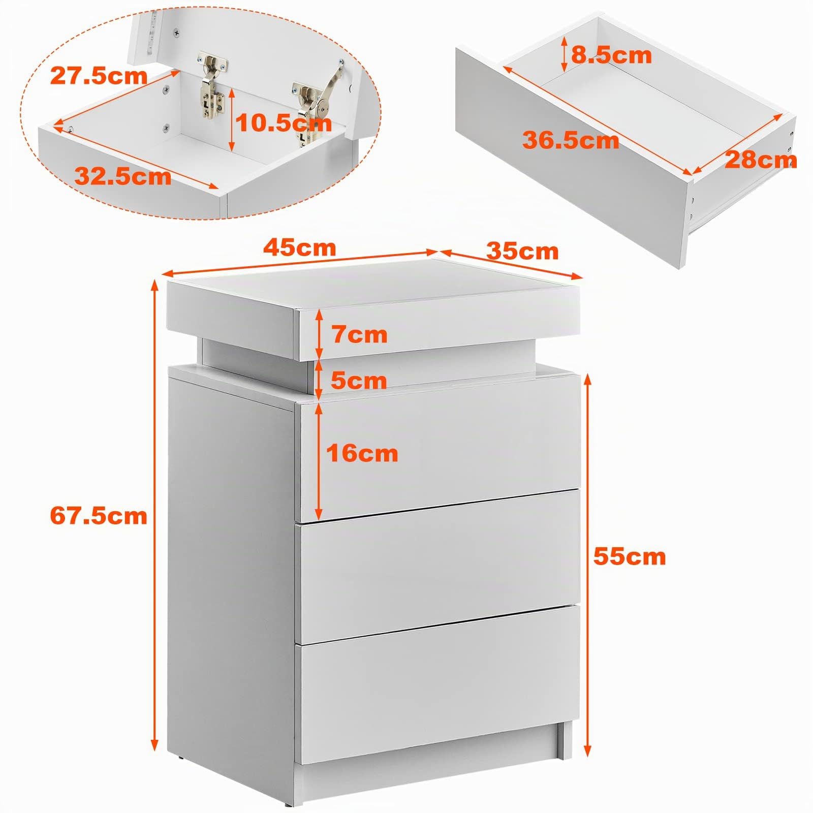 TUKAILAI Nachttisch mit LED Beleuchtung Hochglanz Weiß Nachttisch Nachtkommode mit 3 Schubladen und oberer Aufbewahrung, Modern Nachtschrank Tisch für Schlafzimmer, Wohnzimmer, 45x35x67.5 cm