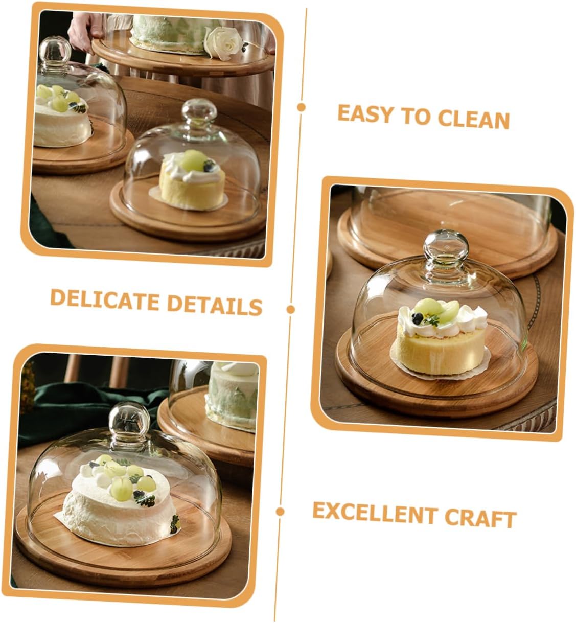 1Set Food Protector Glass Dome with Wooden Tray Multi Use Dessert Cover for Cakes Snacks Fruits for Parties Buffets Weddings