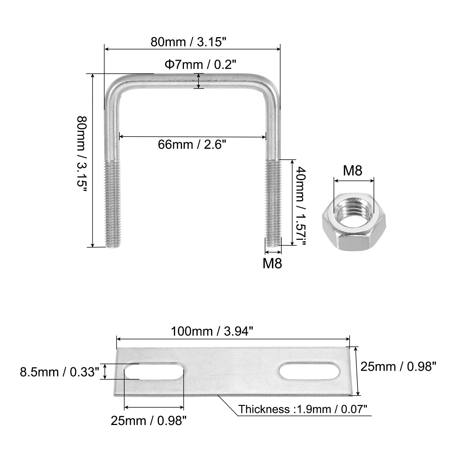 PATIKIL M8x65x80mm Square U-Bolts Kit - Image 2