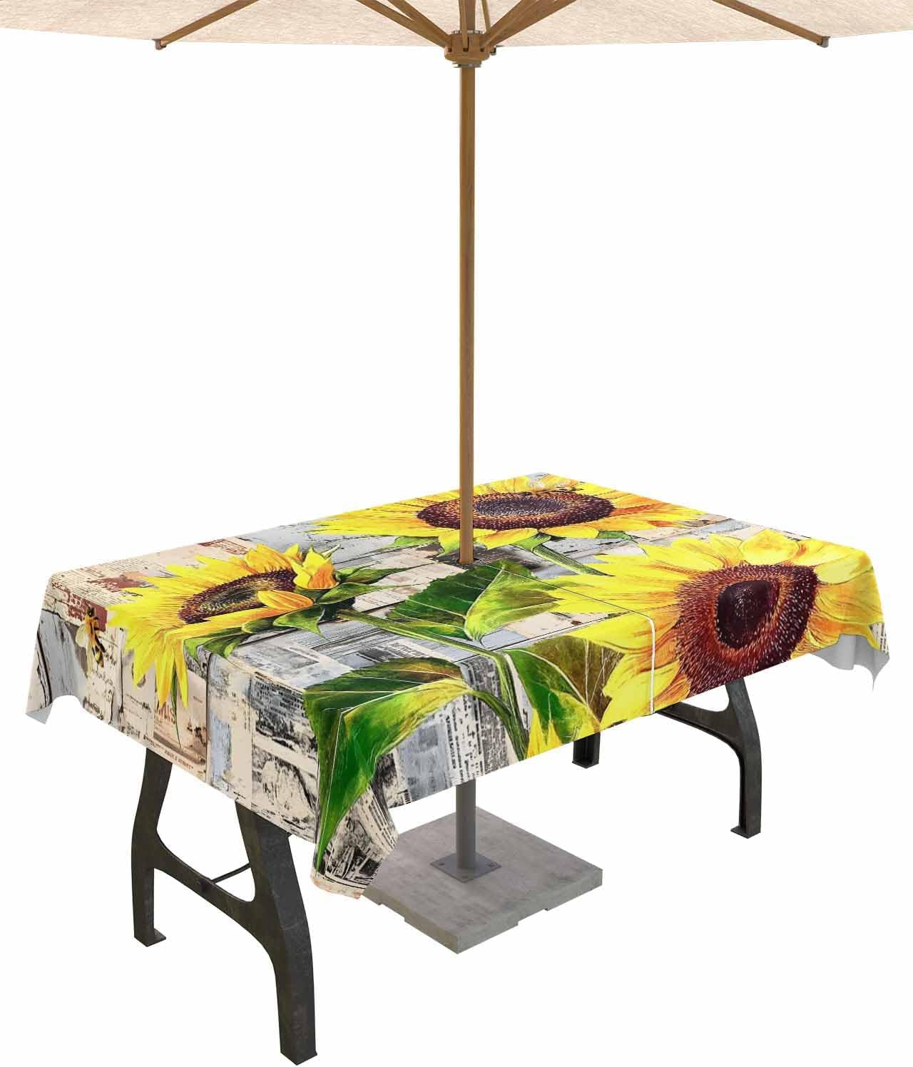 Abstract Geometric Outdoor Rectangle Tablecloth with Umbrella Hole 60x102,Wrinkle Free Wipeable Fabric Table Cloth Waterproof Zippered Cover for Patio Party,Turquoise Navy Blue Morocco Wavy Stripes