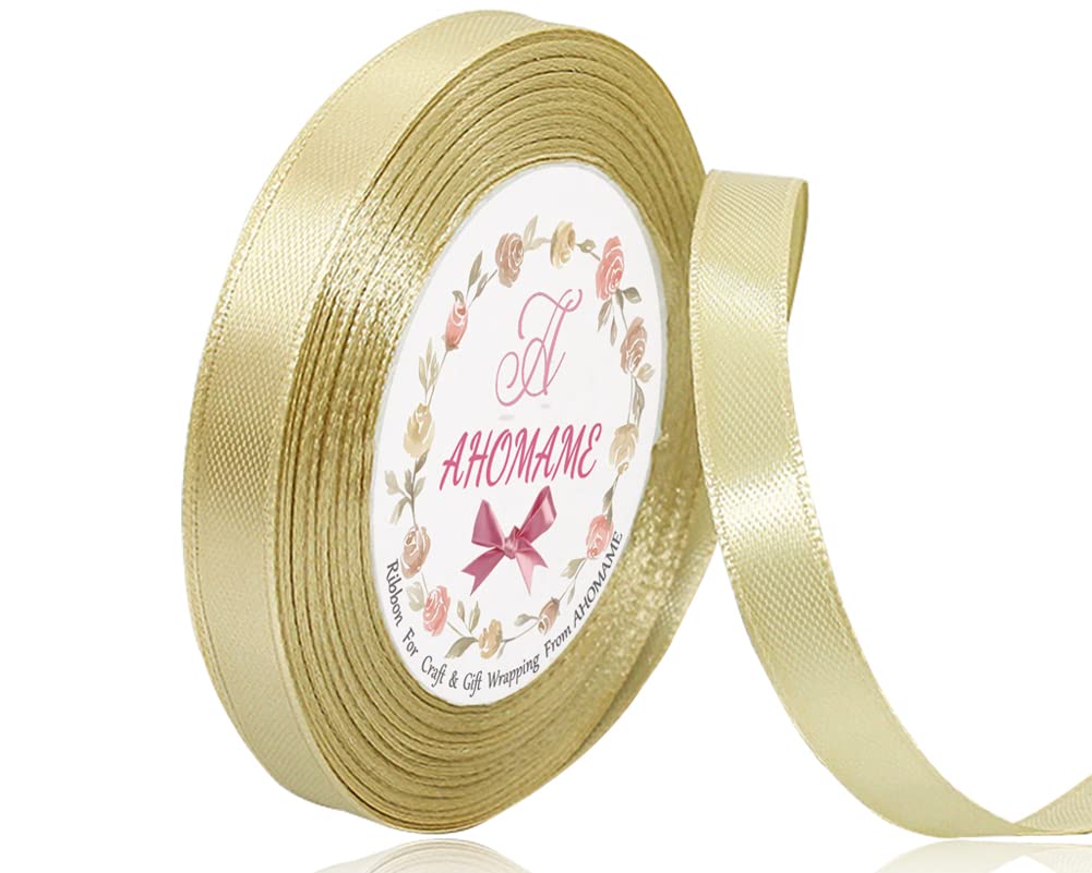Double Faced Gold Satin Ribbon 10mm, 23 Meters Solid Color Fabric Ribbons for Crafting, Gift Wrapping, Bouquets, Wedding Party Decoration, Cake Decors, Bows Making, and Sewing Project