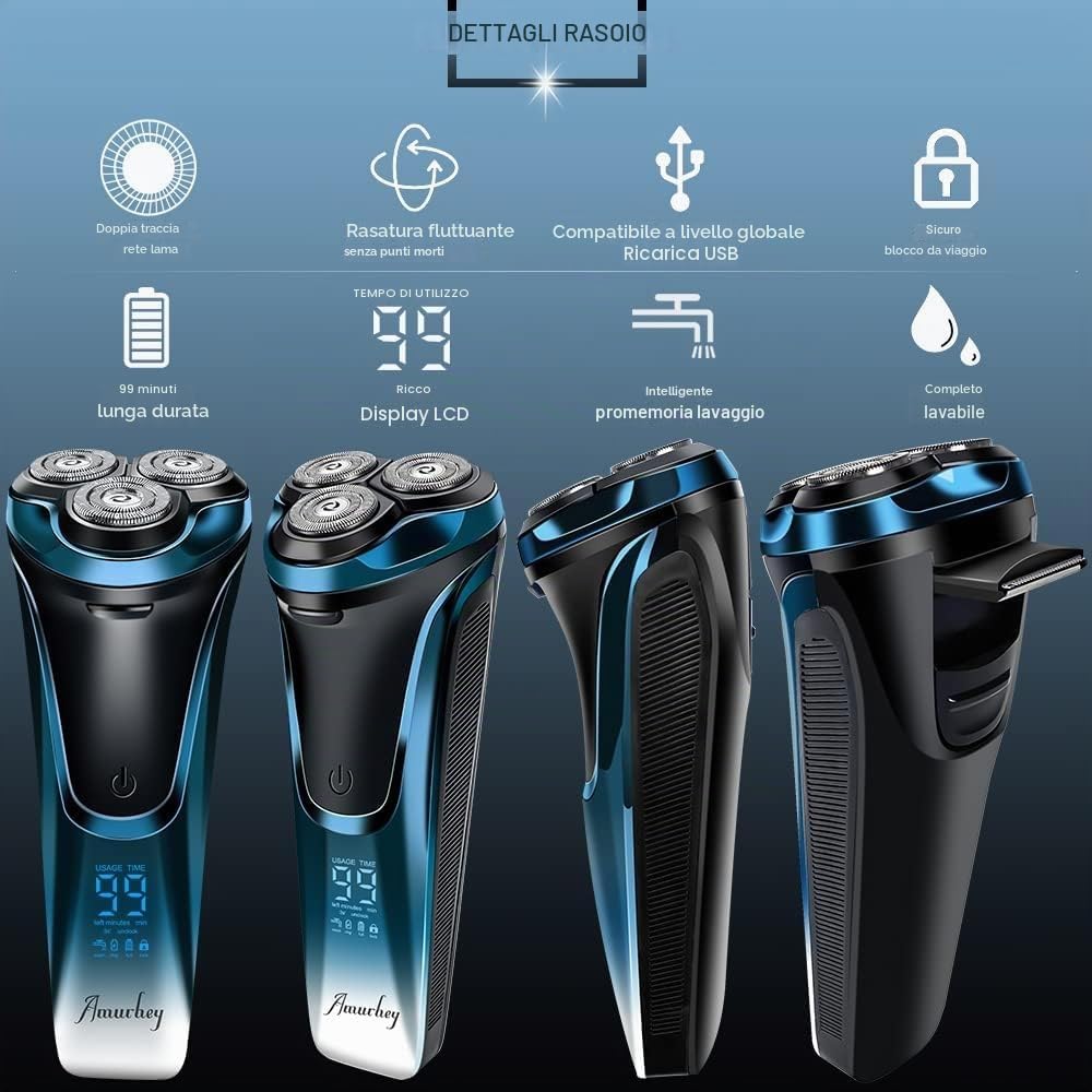 Rasoio Elettrico Wet & Dry a 3 Lame di Ricambio, Rasoio Elettrico Barba Uomo Ricaricabile Rasoio Barba Impermeabile Display LED, Lame Flessibili, Custodia da Viaggio