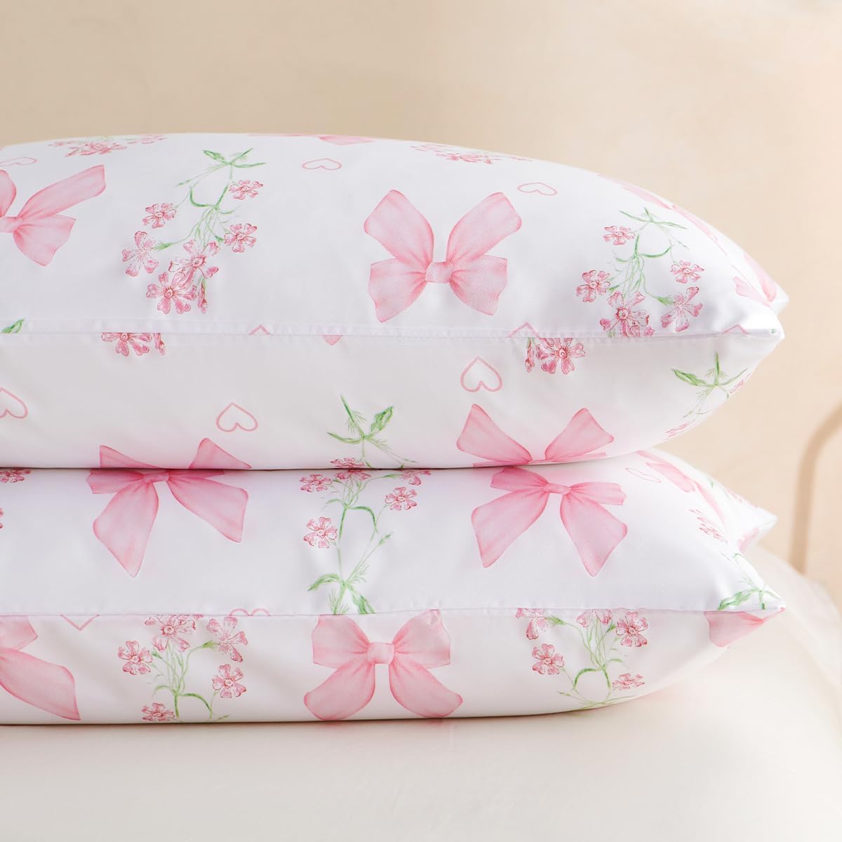 CCoutueChen Duvet Cover Full 3Pcs Pink Floral Bow Bedding Set for Girls Kids, Romantic Princess Style Bowknot Bedding, Ultra Soft Reversible Garden Flower Duvet Cover Set(2 Pillowcases,No Comforter)