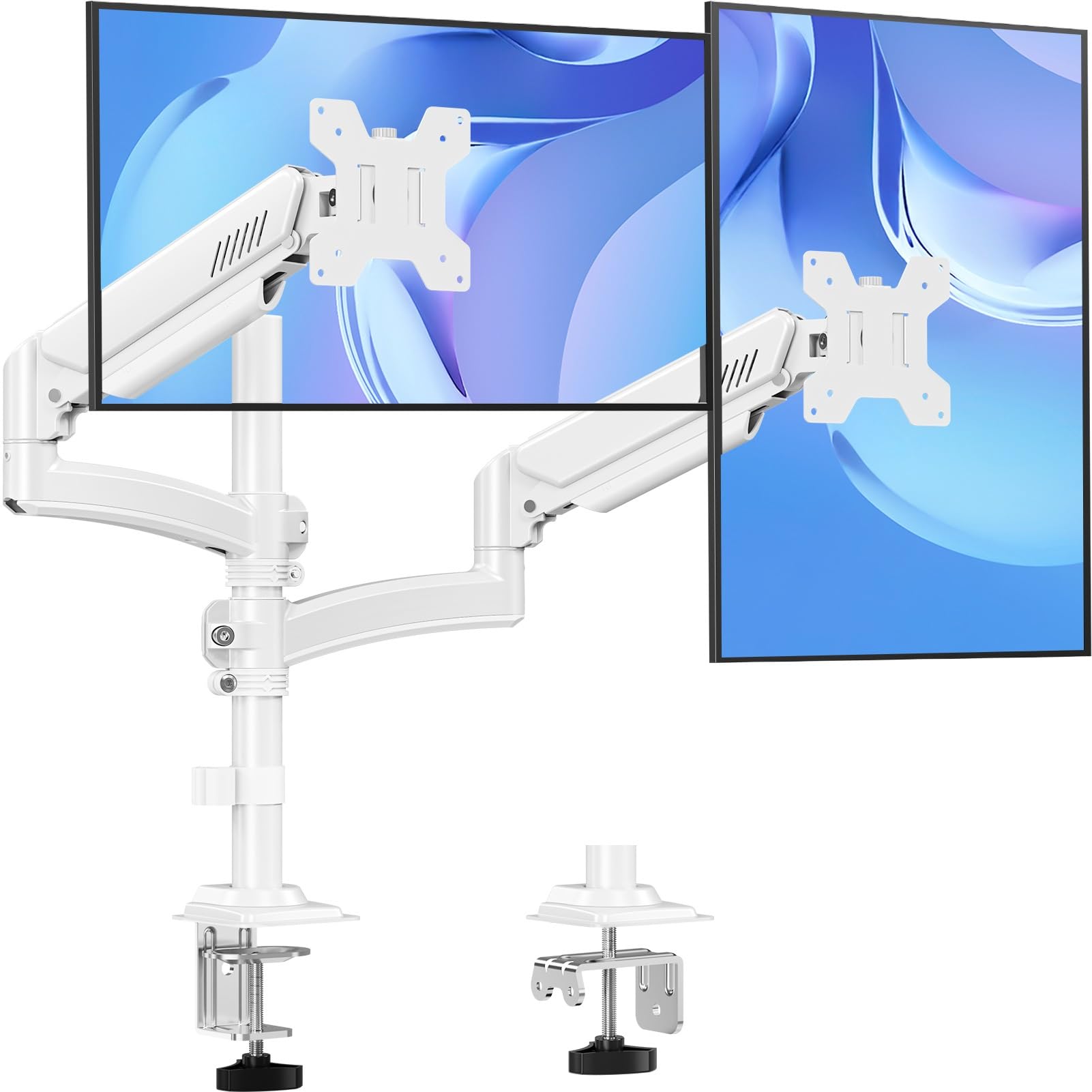 Dual Monitor Stand Height up to 26.6 inch, Monitor Desk Mount Holds up to 32 inch & 22 lbs Each, Gas Spring Dual Monitors Arm with C-clamp & Grommet Mounting, Freelift White-image-39