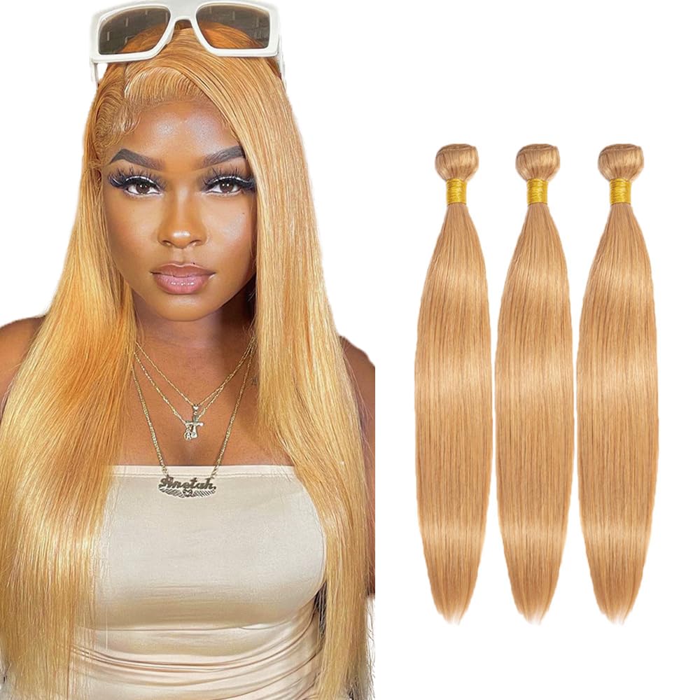 Jucames #27 Honey Blonde Straight Bundles Human Hair Double Weft Weave 3 Bundles Total 150g Virgin Unprocessed Human Hair Extensions 14 16 18 Inch
