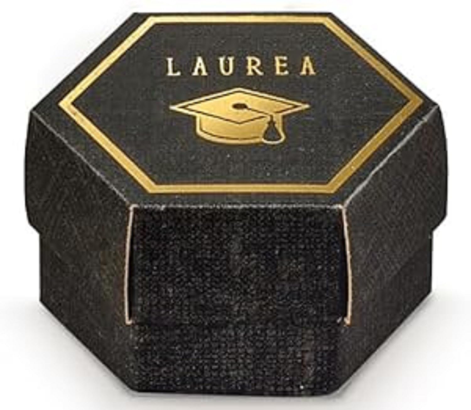 Cajas para peladillas hexagonales negro y dorado de graduación con tarjetas 1