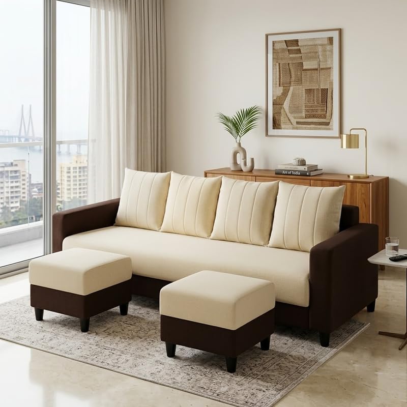 Image of Strikon Plush 6 Seater L Shape Sofa Set with 2 Movable Ottoman | Flexible Layout |Silken Velvet Suede | Designer Sofa for Living Rooms & Office Spaces (Cream & Dark Brown)