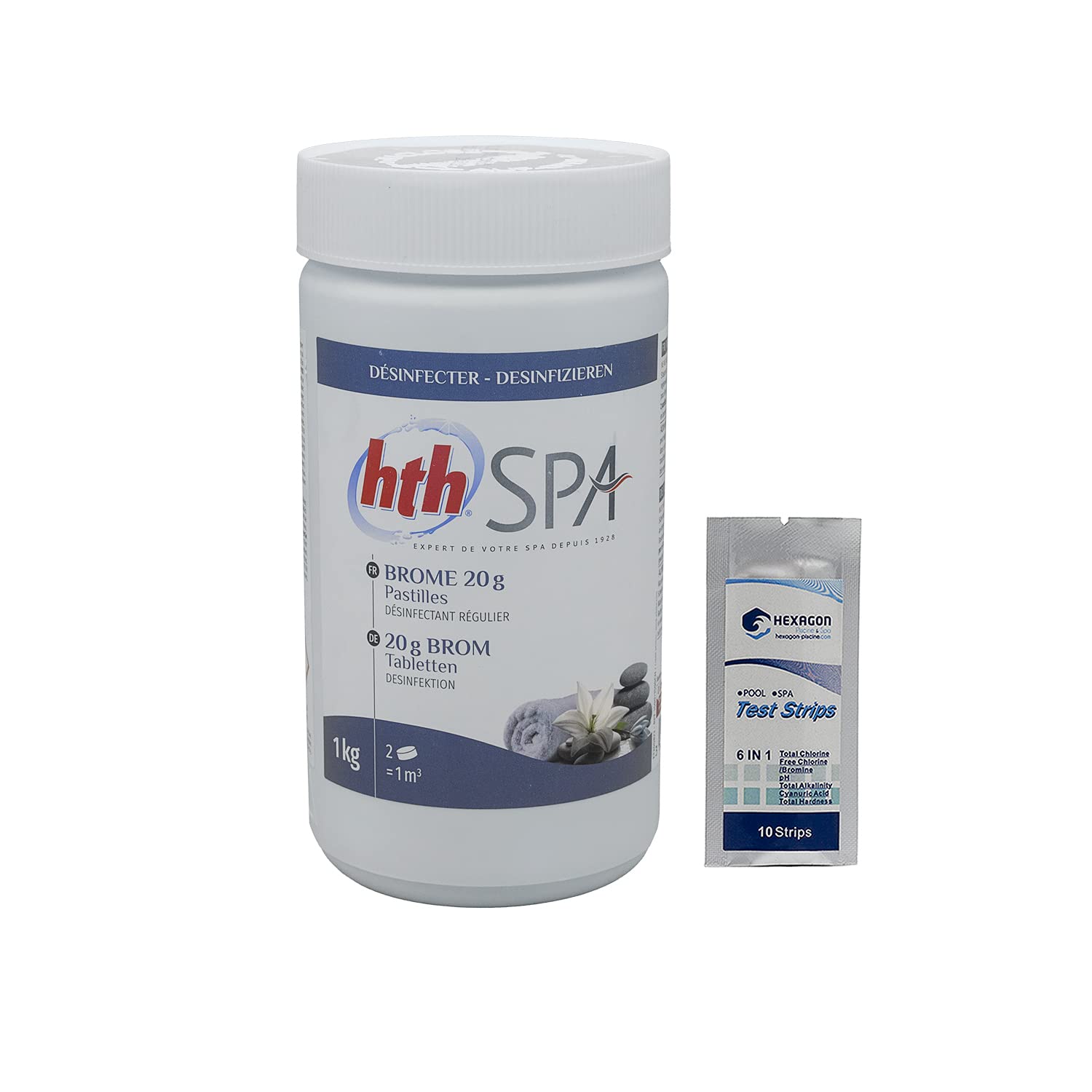 HTH Spa Brome Pastilles 20g - 1kg | Brome Lent - Désinfection Régulière - Dissolution Lente + 10 Tests HPS OFFERTS 6 en 1
