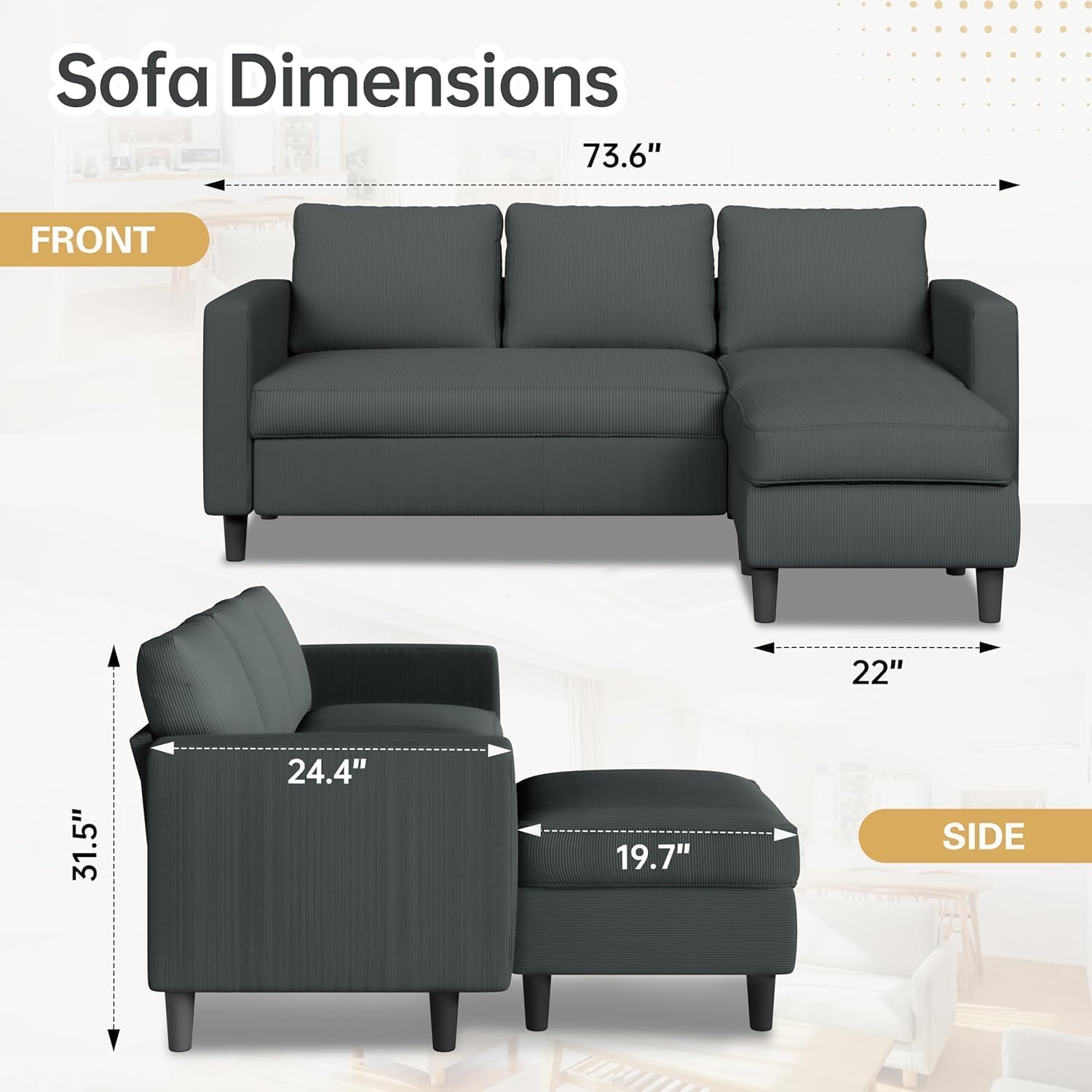 JAMFLY 3-Seat L-Shaped Sectional Sofa Reversible Ottoman Grey Fabric Modern Modular Couch
