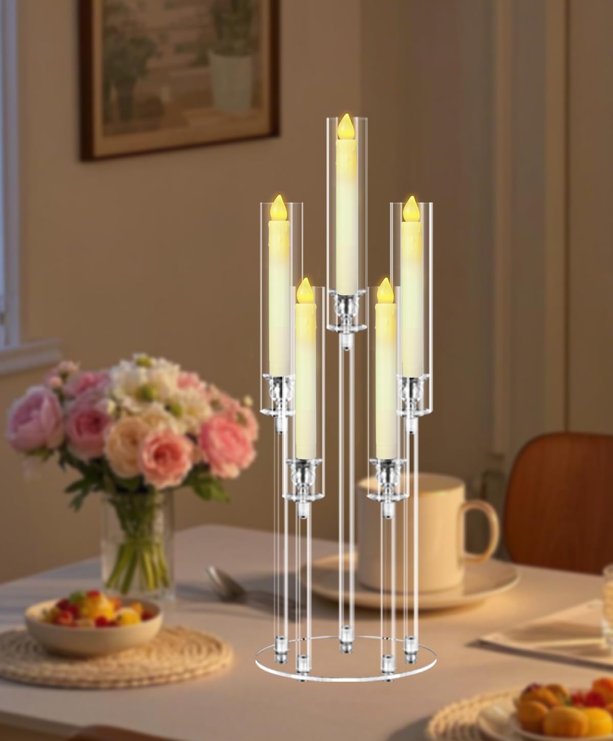8 Sets 5 Arms Acrylic Candelabra Centerpieces for Tables, 27" Clear Candle Holder for Wedding Dinner Party and Home Decor,Candlesticks Holder with LED Candles