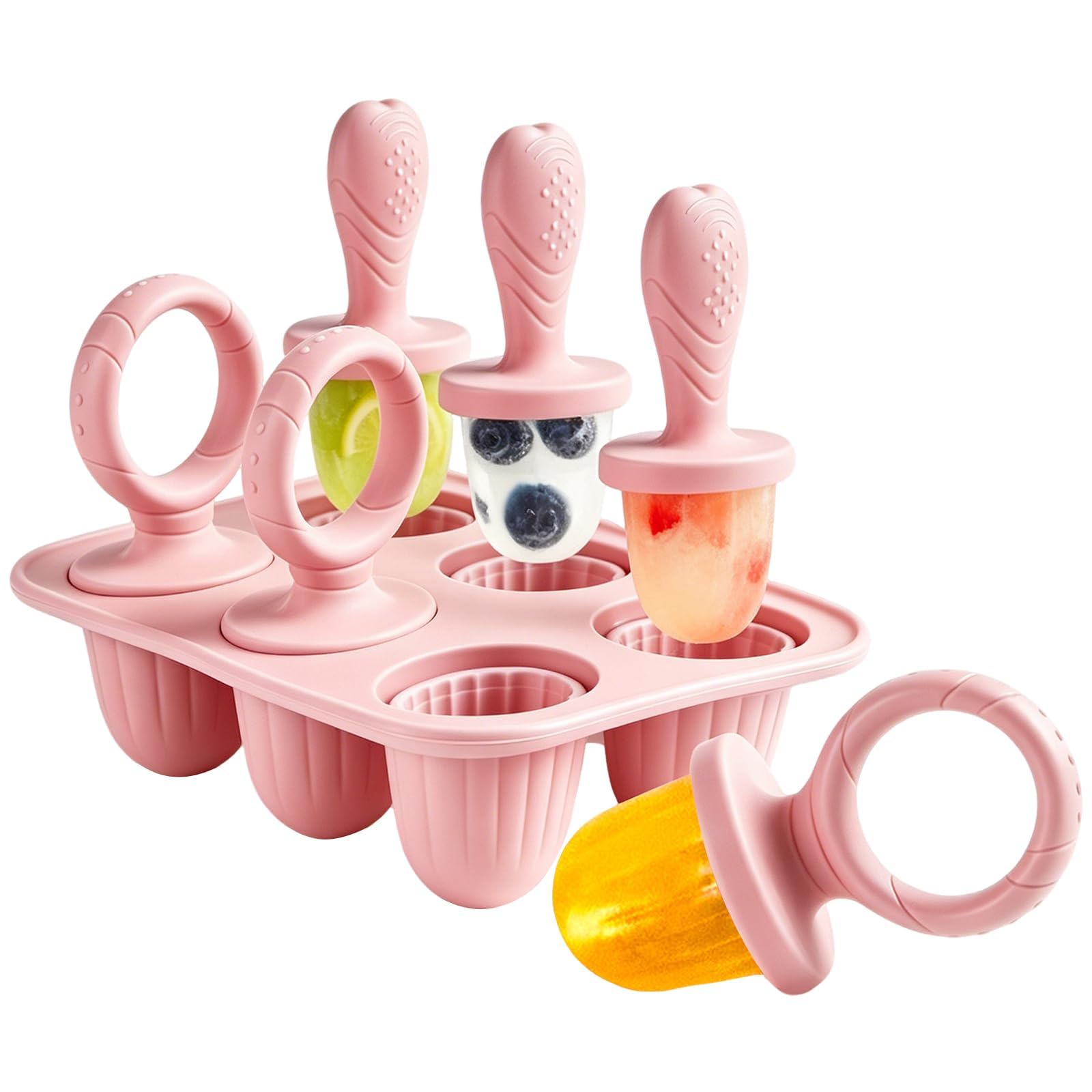 Molde Helado Bebe, 6x 17ml Moldes Helados Silicona Libre De BPA, Moldes Helados Con Palos Dentición, Ideal Para Bebe Manos Pequeñas (Rosa)