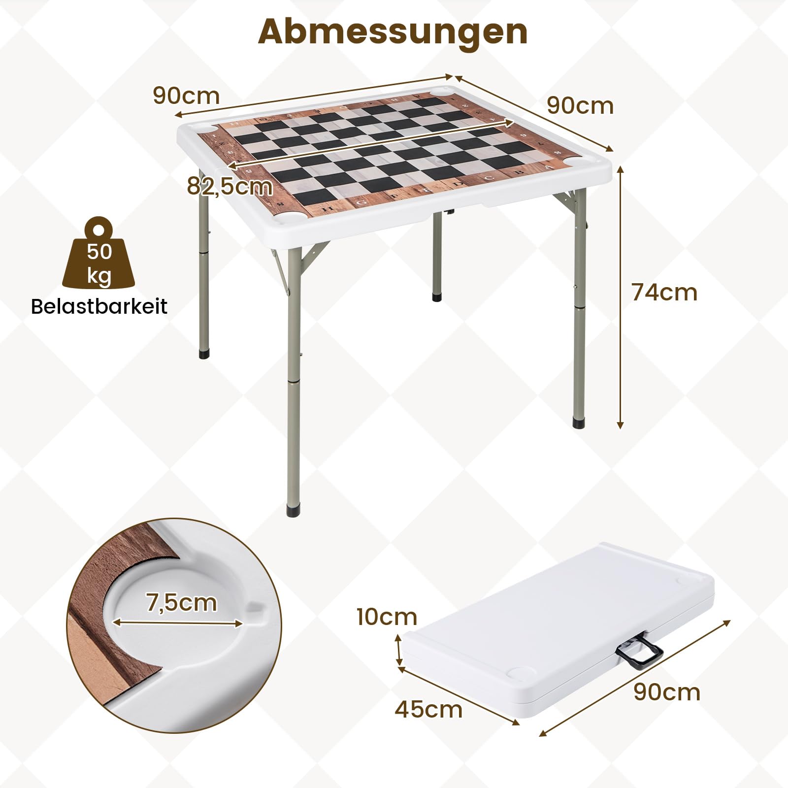 COSTWAY Schachtisch klappbar, 90 x 90 cm Schachspiel mit abnehmbarem Tischmatte & 4 Getränkehaltern, Schachbrett tragbar mit Tragegriff für Kinder Erwachsene Party Reisen